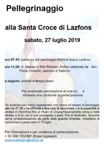 Pellegrinaggio al Santuario di S. Croce di Lazfons il 27 luglio 2019